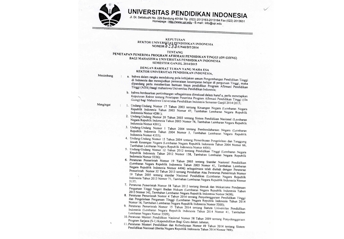 Surat Keputusan Rektor Universitas Pendidikan Indonesia Tentang Penetapan Penerimaan Program Afirmasi Pendidikan Tinggi (ON-GOING)
