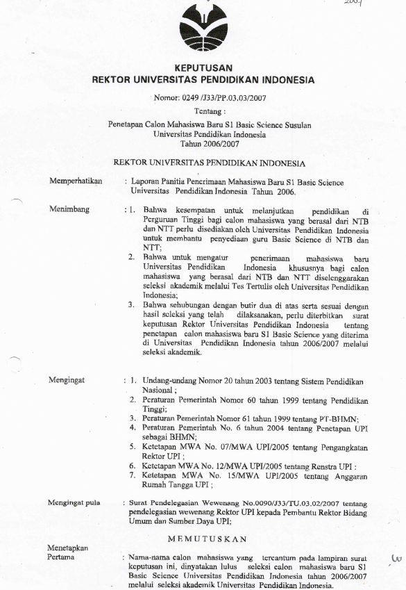 SK Rektor UPI tentang Penetapan Calon Mahasiswa Baru S1 Basic Science Susulan UPI Tahun 2006/2007