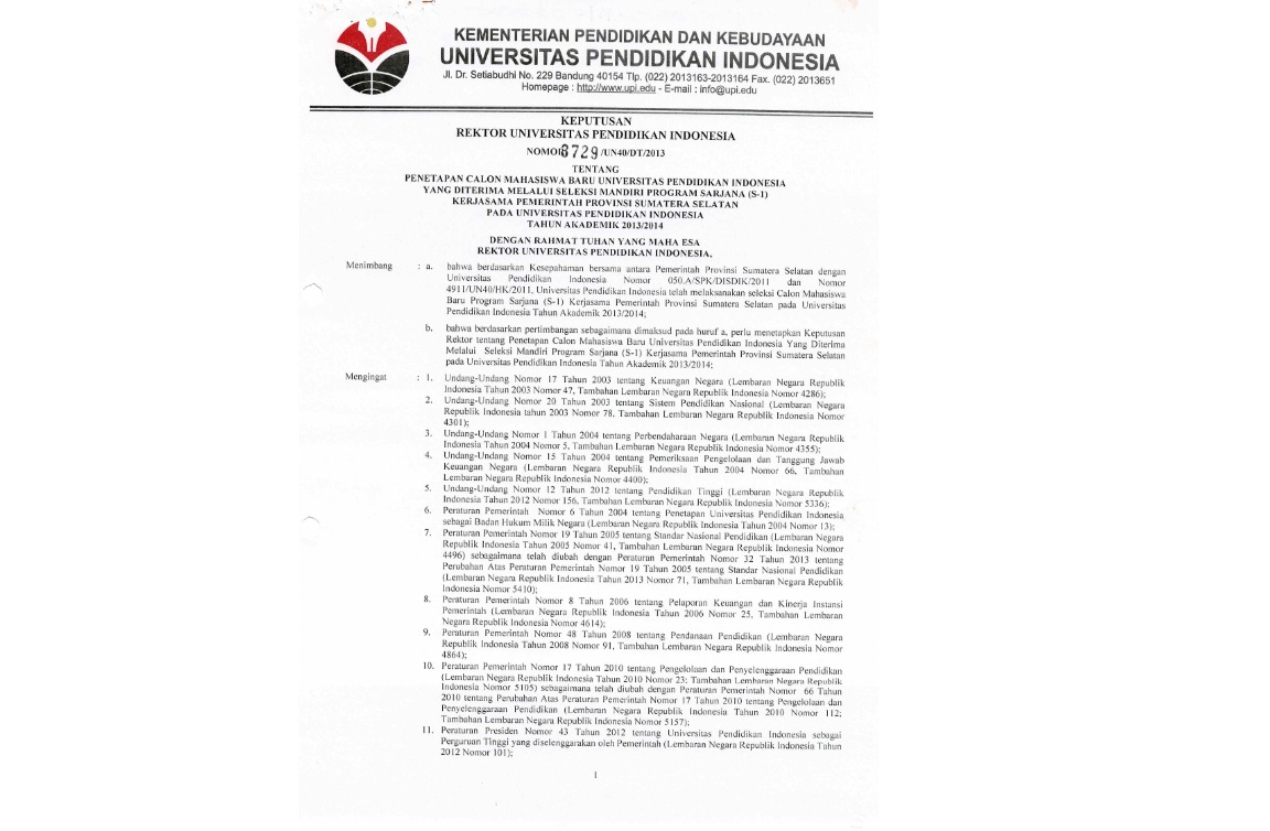 . Surat Keputusan Rektor Universitas Pendidikan Indonesia Tentang Penetapan Calon Mahasiswa Baru Universitas Pendidikan Indonesia Yang Diterima Melalui Seleksi Mandiri Program Sarjana (S-1)