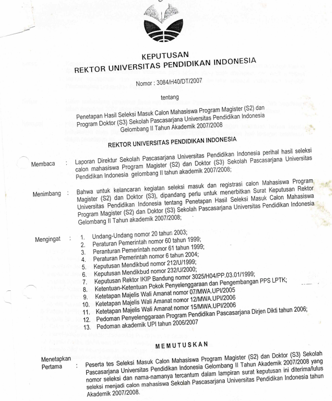 SK Rektor UPI tentang Hasil Seleksi Masuk Calon Mahasiswa Program Magister (S2) dan Program Doktor (S3) SPS UPI Gelombang II Tahun Akademik 2007/2008