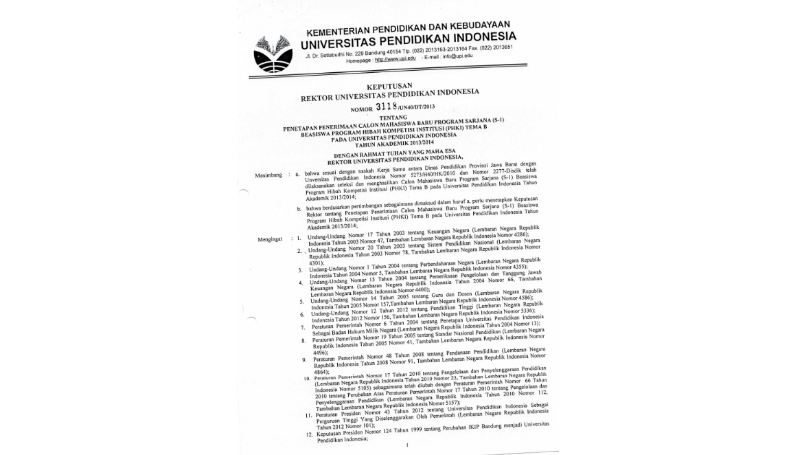 Surat Keputusan Rektor Universitas Pendidikan Indonesia Tentang Penetapan Penerimaan Calon Mahasiswa Baru Program Sarjana (S-1)