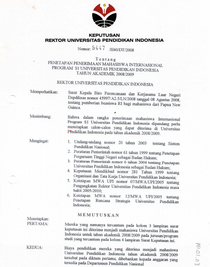 SK Rektor UPI tentang Penetapan Penerimaan Mahasiswa Internasional Program S1 UPI TA 2008/2009