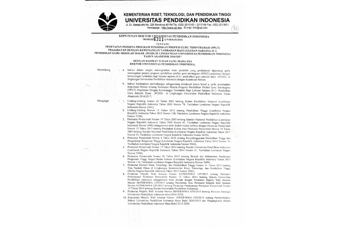 Surat Keputusan Rektor Universitas Pendidikan Indonesia Tentang Penetapan Peserta Program Pendidikan Profesi Guru Terintegrasi (PPGT)
