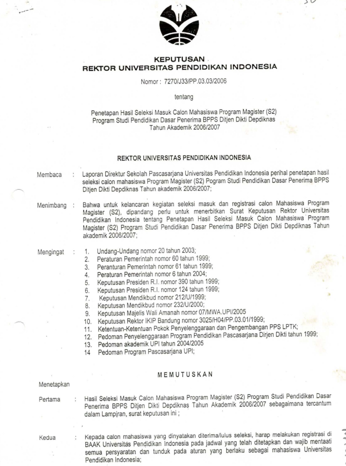 Surat Keputusan Rektor Universitas Pendidikan Indonesia tentang Penetapan Hasil Seleksi Masuk Mahasiswa Program Magister (S2) Program Studi Pendidikan Dasar