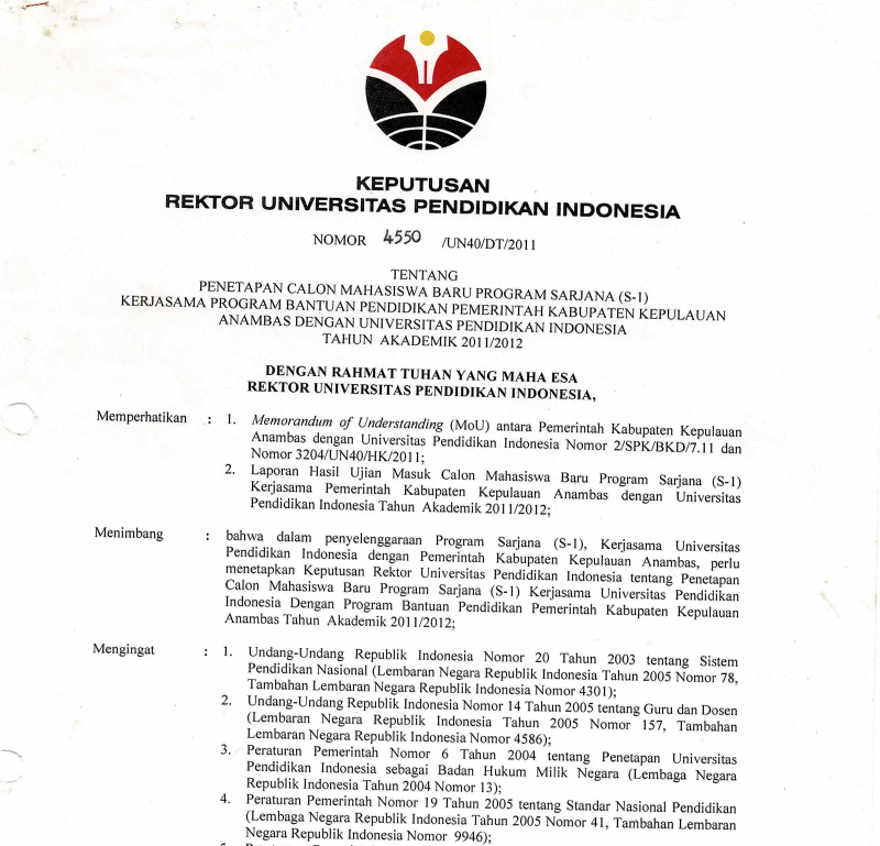 Surat Keputusan Rektor Universitas Pendidikan Indonesia Tentang Penetapan Calon Mahasiswa Baru Program Sarjana ( S1) Kerjasama Program Bantuan