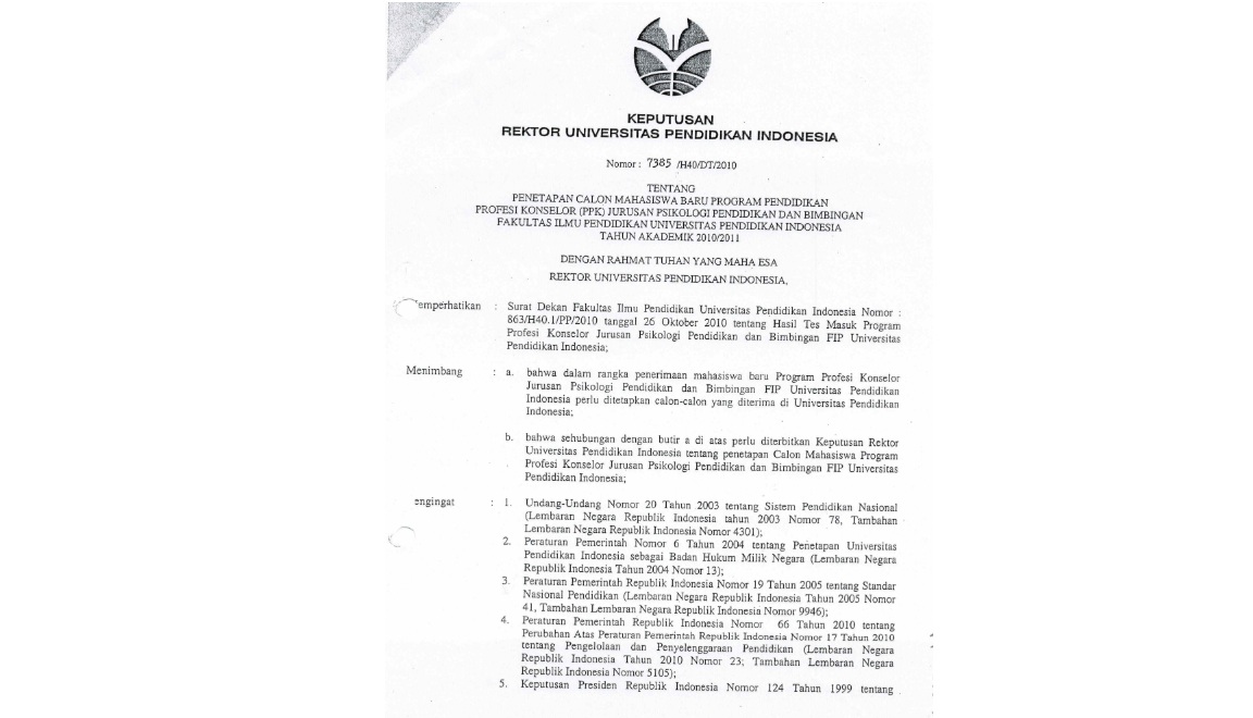 Surat Keputusan Rektor Universitas Pendidikan Indonesia Tentang Penetapan Calon Mahasiswa Baru Program Pendidikan Profesi Konselor
