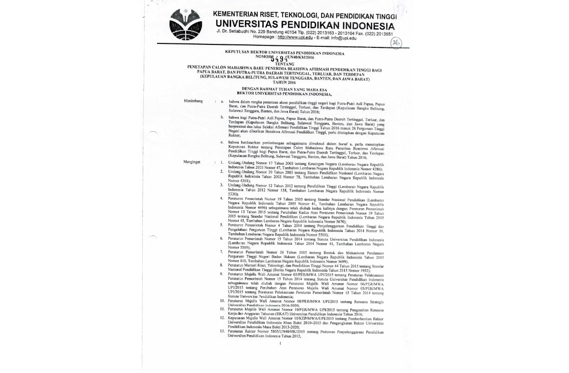 Surat Keputusan Rektor Universitas Pendidikan Indonesia Tentang Penetapan Calon Mahasiswa Baru Penerima Beasiswa Afirmasi Pendidikan Tinggi