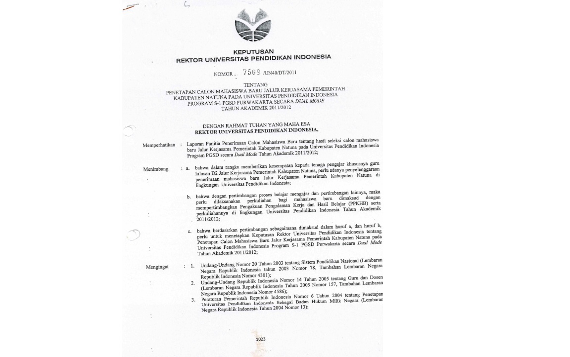 Surat Keputusan Rektor Universitas Pendidikan Indonesia Tentang Penetapan Calon Mahasiswa Baru Jalur Kerjasama Pemerintah Kabupaten Natuna
