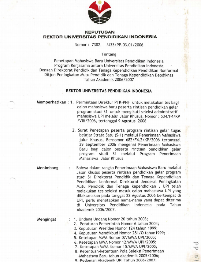SK Rektor UPI  tentang Penetapan Mahasiswa Baru UPI Program Kerjasama antara UPI dengan Direktorat Pendidik dan Tenaga Kependidikan Pendidikan Nonformal Ditjen Peningkatan Mutu Pendidik dan tenaga Kependidikan Depdiknas