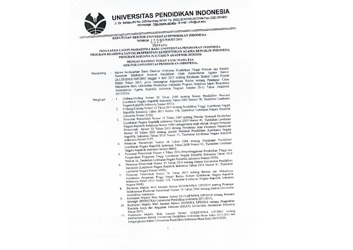 Keputusan Rektor Universitas Pendidikan Indonesia Tentang Penetapan Calon Mahasiswa Baru Universitas Pendidikan Indonesia Program Beasiswa
