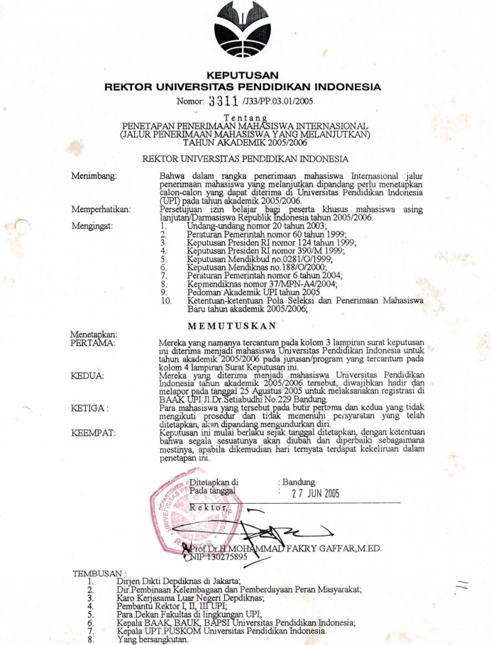 Surat Keputusan Rektor Penetapan Mahasiswa Internasional Jalur Penerimaan Mahasiswa yang Melanjutkan Tahun Akademik 2005/2006 - Nomor : 3311 /J33/PP.03.01/2005