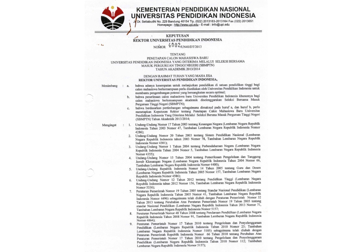 Surat Keputusan Rektor  Tentang Penetapan Calon Mahasiswa Baru Universitas Pendidikan Indonesia Yang Diterima Melalui Seleksi Bersama Masuk Perguruan Tinggi Negeri