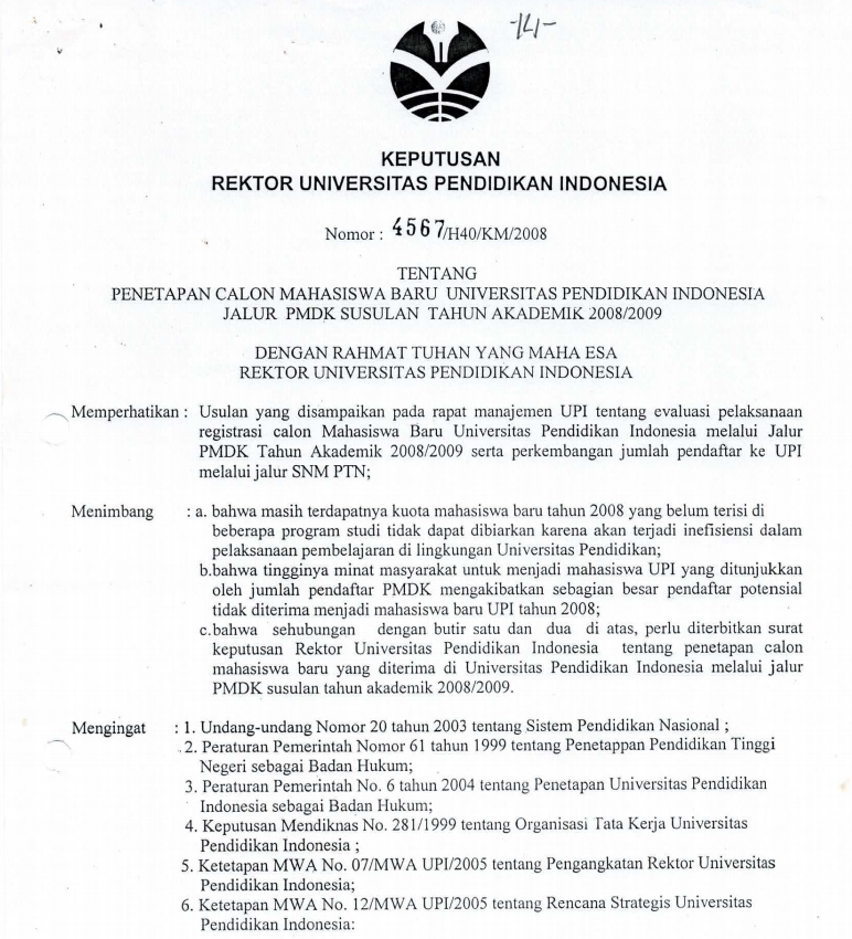 SK Rektor UPI tentang Penetapan Calon Mahasiswa Baru UPI Jalur PMDK Susulan tahun 2008/2009