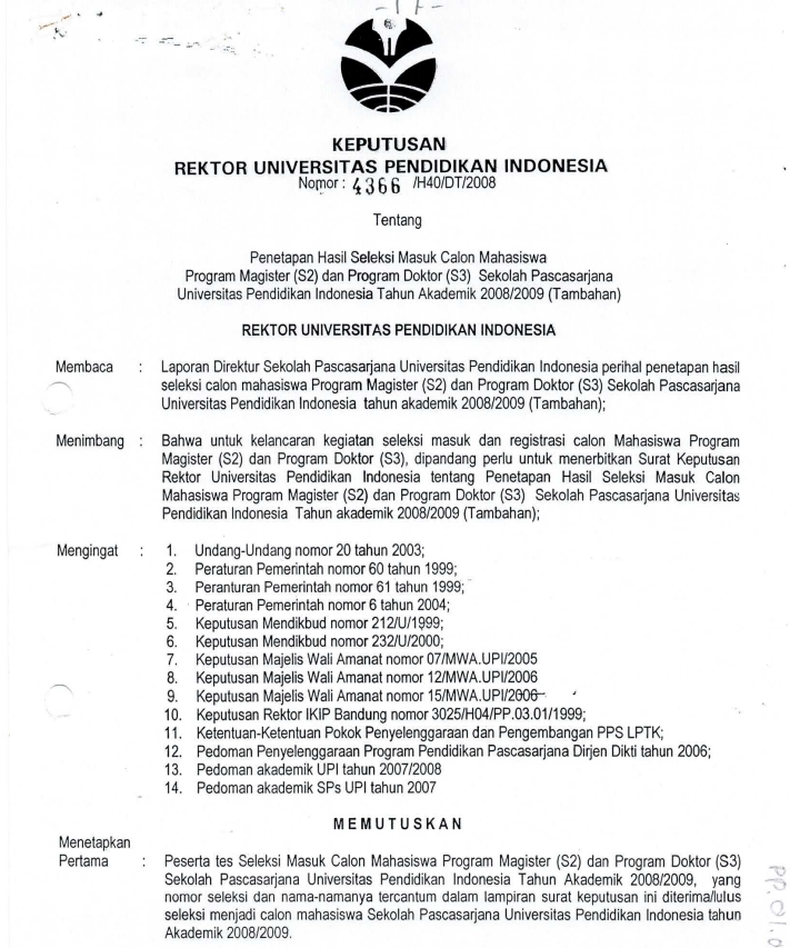 SK Rektor UPI tentang Penetapan Hasil Seleksi Masuk Calon Mahasiswa Program Magister S2 dan Doktor S3 SPS (Tambahan)