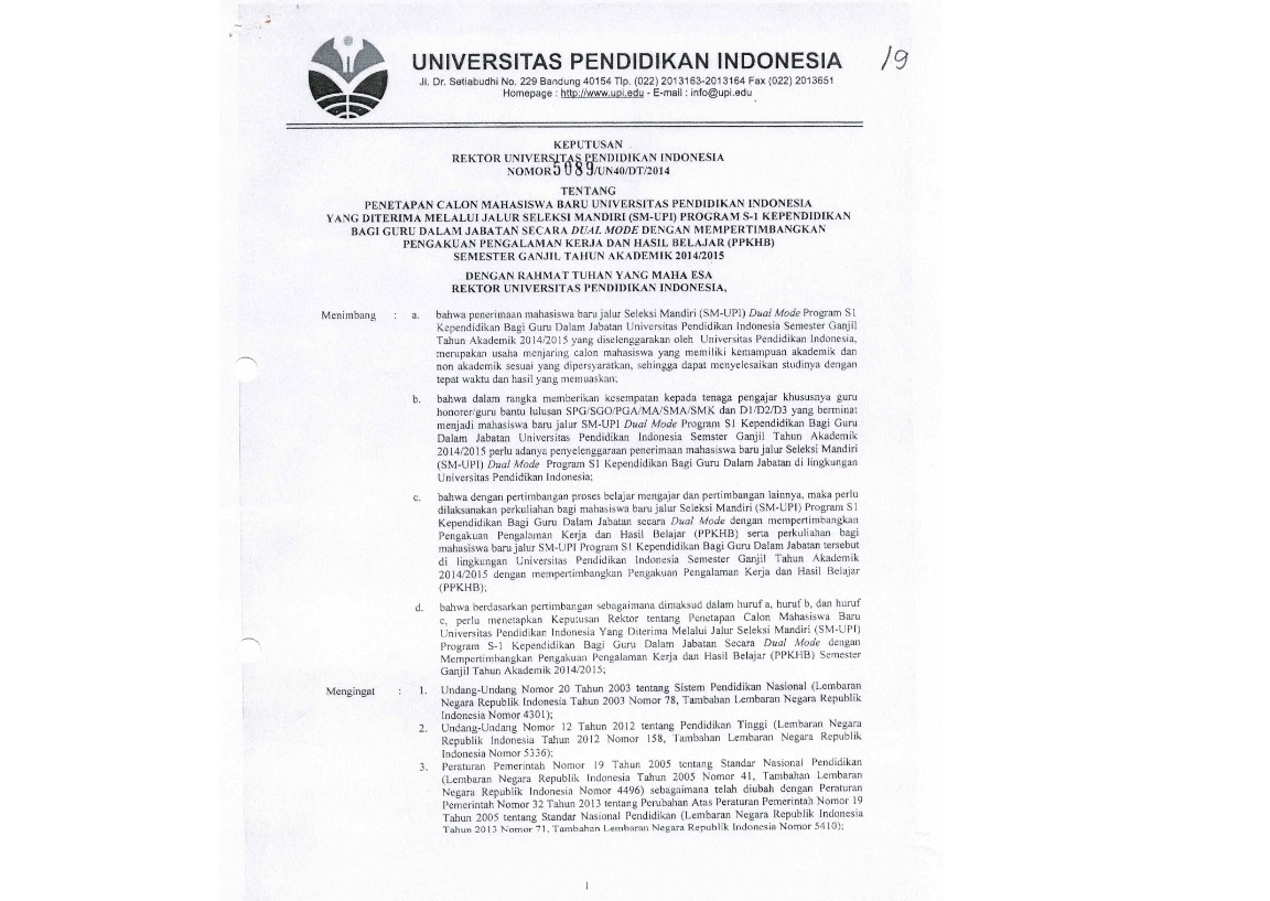 Surat Keputusan Rektor Universitas Pendidikan Indonesia Tentang Penetapan Calon Mahasiswa Baru Universitas Pendidikan Indonesia Yang Diterima Melalui Jalur Seleksi Mandiri