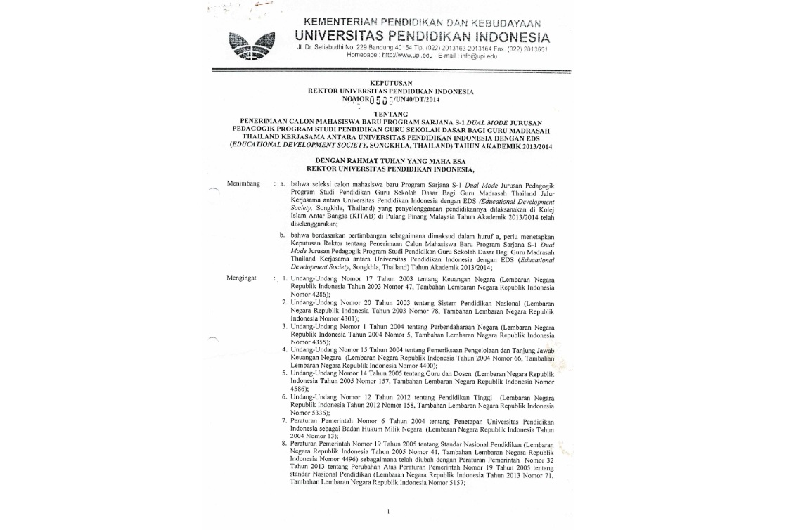 Surat Keputusan Rektor Universitas Pendidikan Indonesia Tentang Penerimaan Calon Mahasiswa Baru Program Sarjana S-1 Dual Mode Jurusan Pedagogik