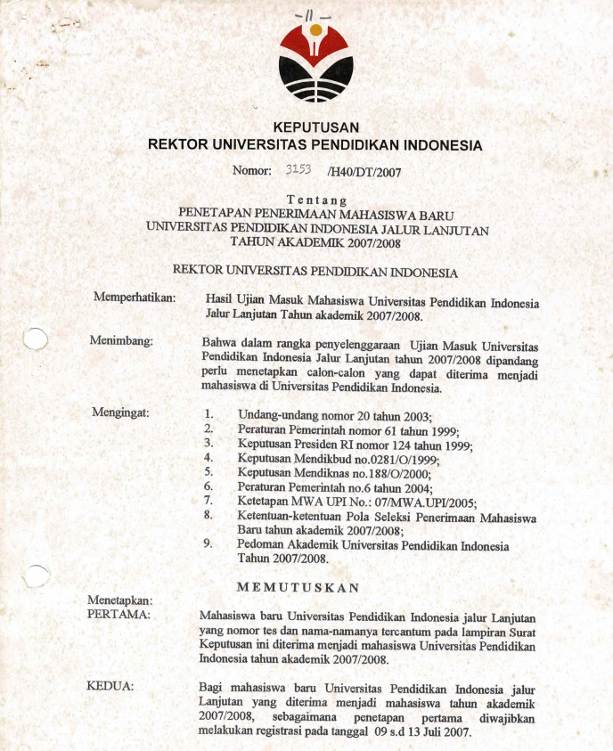 SK. Rektor Penetapan Penerimaan Mahasiswa Baru UPI Jalur Lanjutan Tahun Akademik 2007/2008