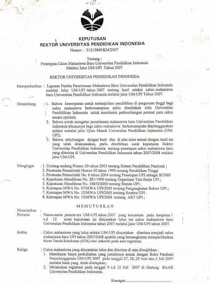 SK. Rektor UPI tentang Penetapan Calon Mahasiswa Baru UPI Melalui Jalur UM-UPI Tahun 2007