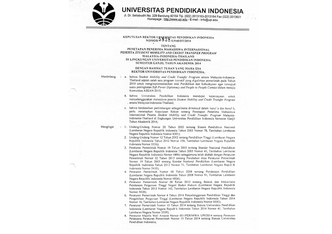 urat Keputusan Rektor Universitas Pendidikan Indonesia Tentang Penetapan Penerima Mahasiswa Internasional Peserta Student Mobility And Credit Transfer Program Malaysia-Indonesia-Thailand