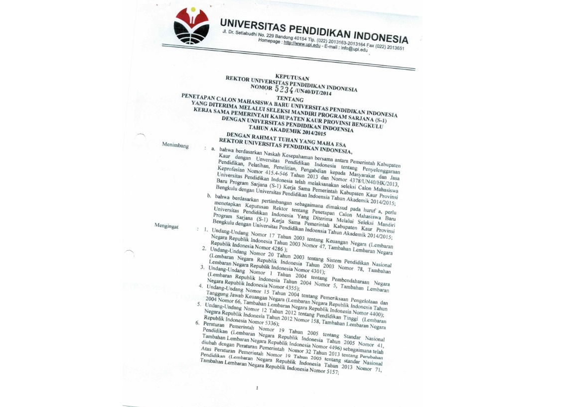 Surat Keputusan Rektor Universitas Pendidikan Indonesia Tentang Penetapan Calon Mahasiswa Baru Universitas Pendidikan Indonesia Yang Diterima Melalui Seleksi Mandiri Program Sarjana (S-1)