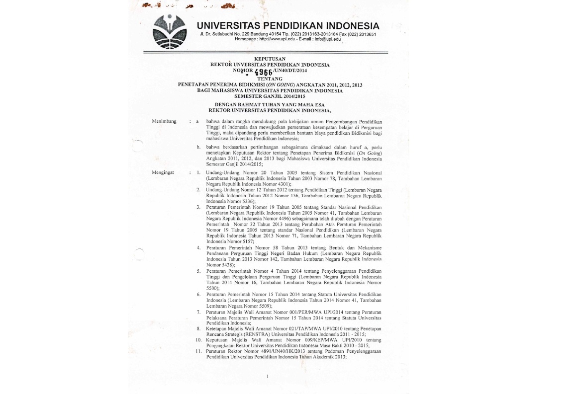 Surat Keputusan Rektor Universitas Pendidikan Indonesia Tentang Penetapan Penerima Bidikmisi ( ON-GOING )