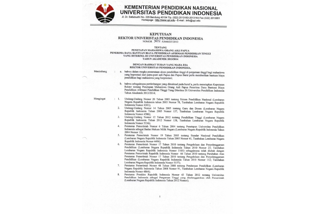 Surat  Keputusan Rektor Universitas Pendidikan Indonesia Tentang Penetapan Mahasiswa Orang Asli Papua Penerimaan Dana Bantuan Biaya Pendidikan Tinggi