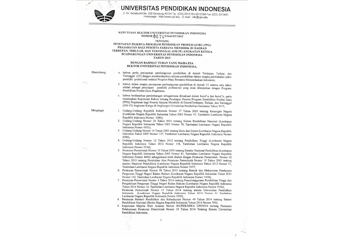 Keputusan Rektor Universitas Pendidikan Indonesia Tentang Penetapan Peserta Program Pendidikan Profesi Guru (PPG)