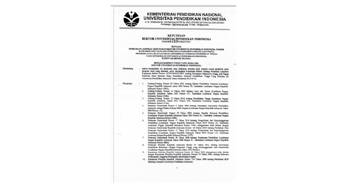 Surat Keputusan Rektor Universitas Pendidikan Indonesia Tentang Perbaikan Lampiran Keputusan Rektor Universitas Pendidikan Indonesia