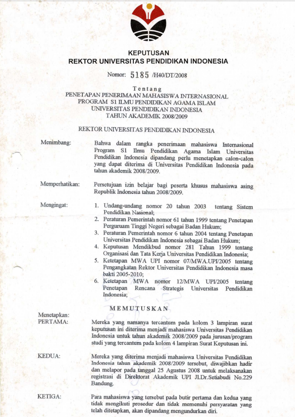 SK Rektor UPI tentang Penetapan Penerimaan Mahasiswa Internasional Program S1 Ilmu Pendidikan Agama Islam UPI TA 2008/2009