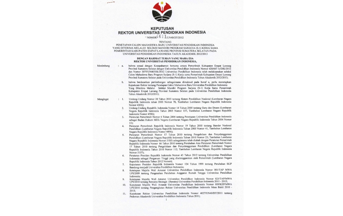 Surat Keputusan Rektor Universitas Pendidikan Indonesia Tentang Penetapan Calon Mahasiswa Baru Universitas Pendidikan Indonesia Yang Diterima Melalui Seleksi Mandiri Program Sarjana (S-1)