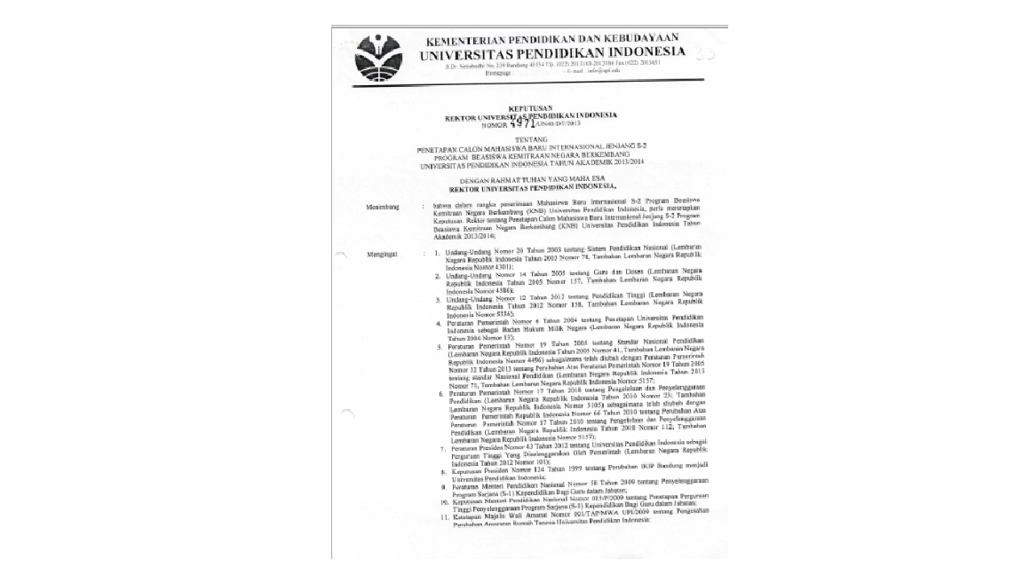 Surat Keputusan Rektor Universitas Pendidikan Indonesia Tentang Penetapan Calon Mahasiswa Baru Internasional Jenjang S-2