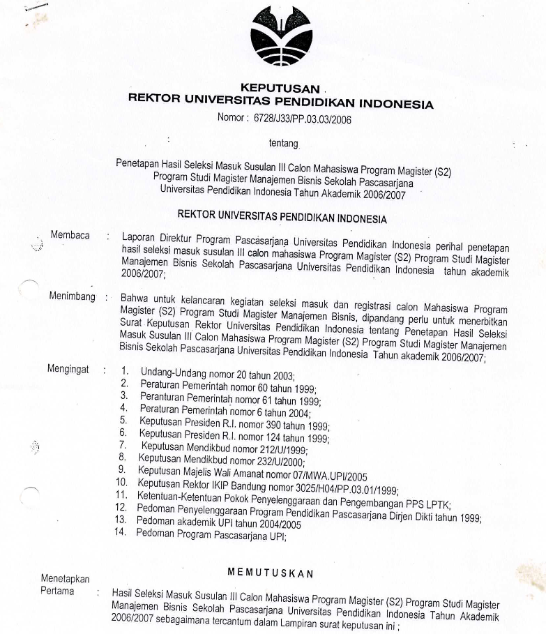 Surat Keputusan Rektor Universitas Pendidikan Indonesia tentang Penetapan Hasil Seleksi Masuk Susulan III Calon Mahaiswa Program Magister (S2) Program Studi Magister Manajemen Bisnis Sekolah Pascasarjana UPI Tahun Akademik 2006/2007