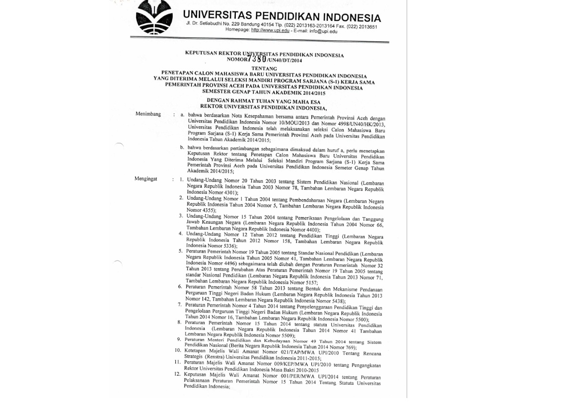 . Surat Keputusan Rektor Universitas Pendidikan Indonesia Tentang Penetapan Calon Mahasiswa Baru Universitas Pendidikan Indonesia Yang Diterima Melalui Seleksi Mandiri Program Sarjana (S-1)