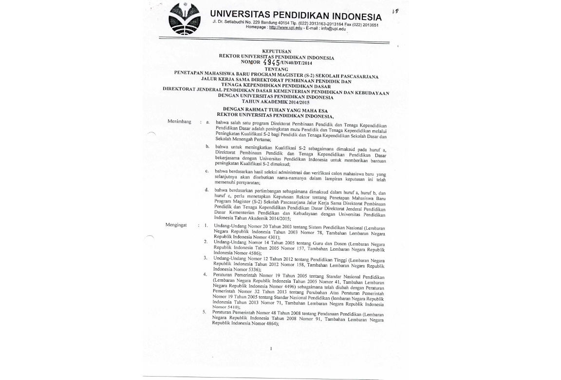 Surat Keputusan Rektor Universitas Pendidikan Indonesia Tentang Penetapan Mahahsiswa Baru Program Magister ( S-2)
