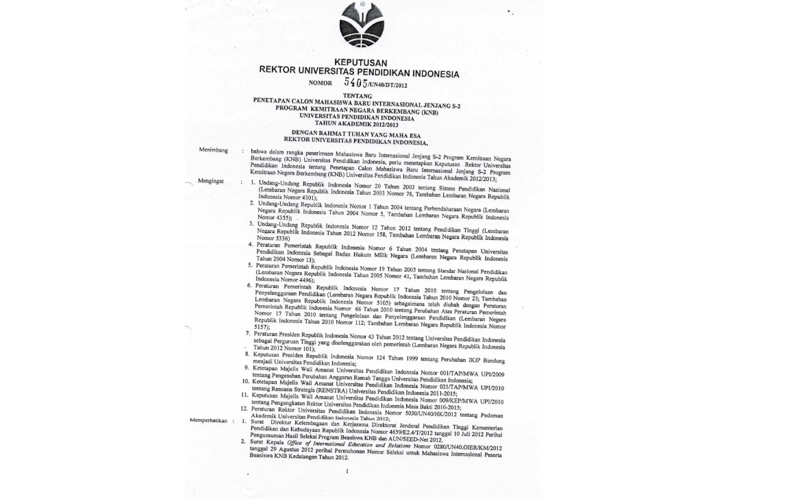 Surat Keputusan Rektor Universitas Pendidikan Indonesia Tentang Penetapan Calon Mahasiswa Baru Internasional Jenjang S-2