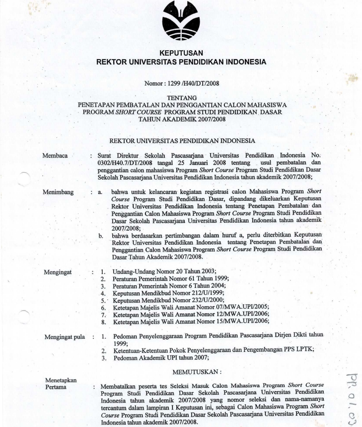 SK Rektor UPI tentang Penetapan Pembatalan dan Penggantian Calon Mahasiswa Mahasiswa Program Short Course Prodi Pendas
