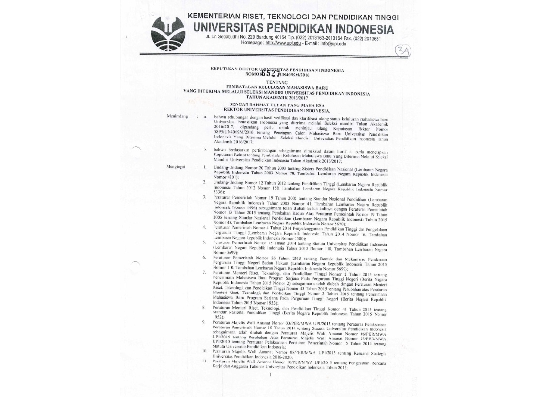 Surat Keputusan Rektor Universitas Pendidikan Indonesia Tentang Pembatalan Kelulusan Mahasiswa Baru Yang Diterima Melalui Seleksi Mandiri