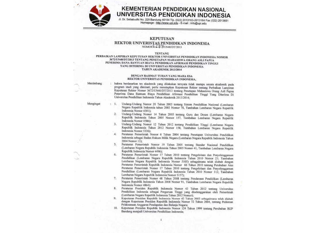 Surat Keputusan Rektor Universitas Pendidikan Indonesia Tentang Perbaikan Lampiran Keputusan Rektor Tentang Penentapan Mahasiswa Orang Asli Papua Penerima Dana Bantuan Biaya