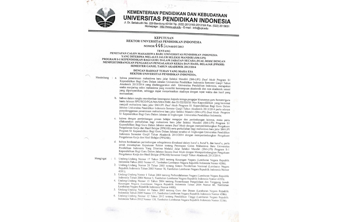 Surat Keputusan Rektor Universitas Pendidikan Indonesia Tentang Penetapan Calon Mahasiswa Baru Yang DIterima Melalui Jalur Seleksi Mandiri (SM-UPI) Program S-1