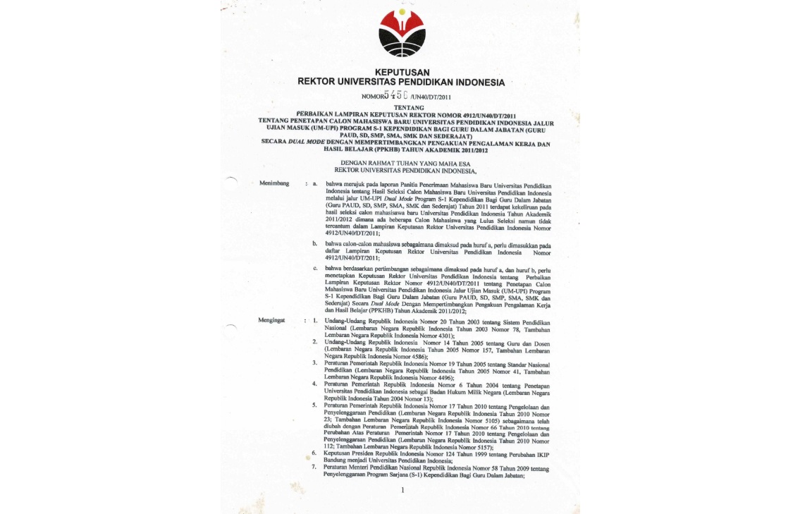 Surat Keputusan Rektor Universitas Pendidikan Indonesia Tentang Perbaikan Lampiran Keputusan RektorPenetapan Calon Mahasiswa Baru