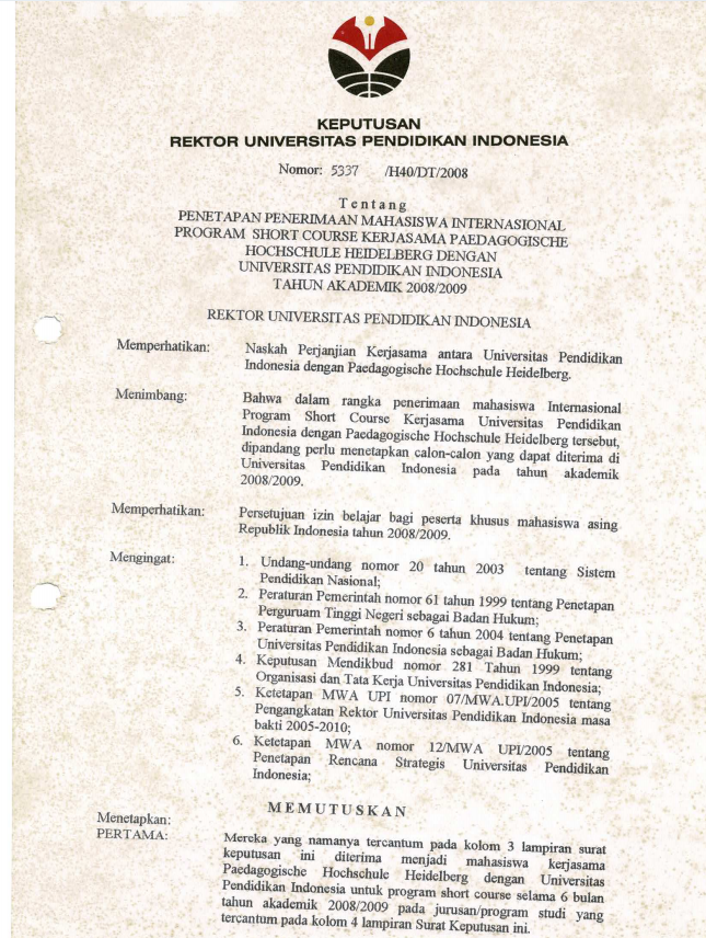SK. Rektor UPI tentang Penetapan Penerimaan Mahasiswa Internasional Program Short Course Kerjasama Paedagogische UPI TA 2008/2009