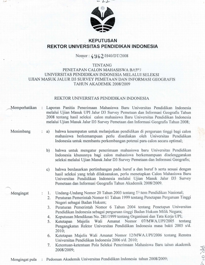 SK Rektor UPI tentang Penetapan calon Mahasiswa Baru UPI Jalur UM-UPI Program Studi Survey Pemetaan dan Sistem Informasi Geografi