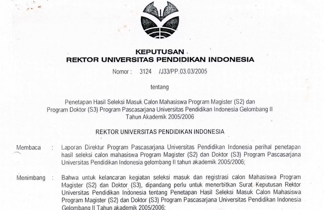 SK.Rektor Penetapan Hasil Seleksi Masuk Calon Mahasiswa Program Magister (S2) dan Program Doktor (S3) Tahun 2005/2006