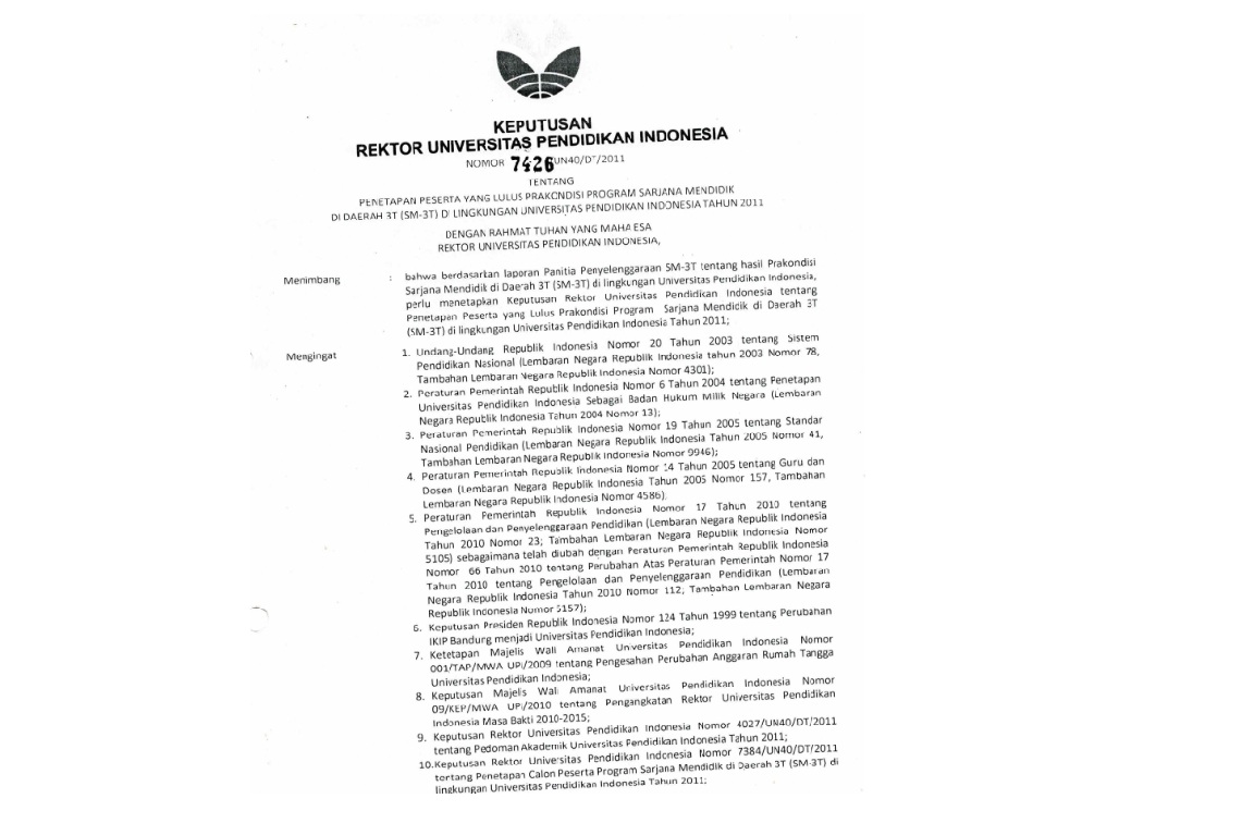 Surat Keputusan Rektor Universitas Pendidikan Indonesia Tentang Penetapan Peserta Yang Lulus Prakondisi Program Sarjana Mendidik