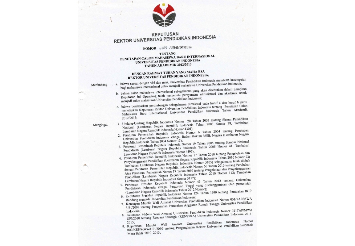 Surat Keputusan Rektor Universitas Pendidikan Indonesia Tentang Penetapan Calon Mahasiswa Baru Internasional