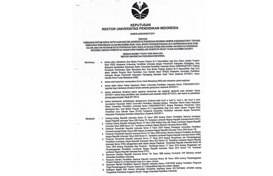 Surat Keputusan Rektor Universitas Pendidikan Indonesia Tentang Penetapan Penerimaan Calon Mahasiswa Baru Dual Modes Program Sarjana (S-1)