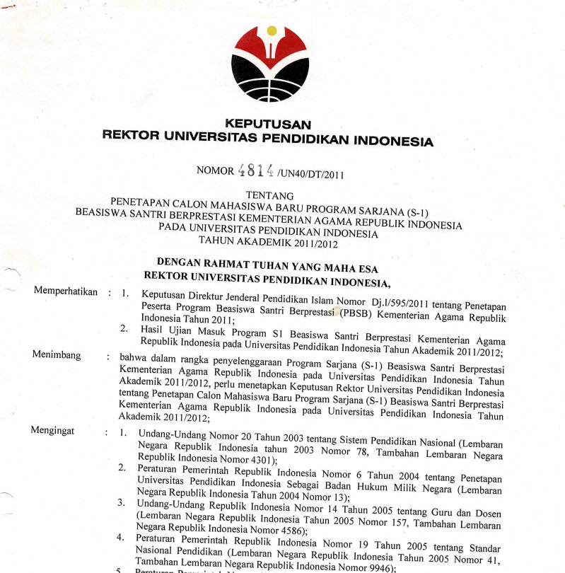 Surat Keputusan Rektor Universitas Pendidikan Indonesia Tentang Penetapan Calon Mahasiswa Baru Program Sarjana (S1) Beasiswa Santri Berprestasi