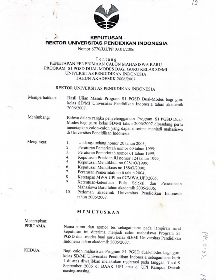 Surat Keputusan Rektor Universitas Pendidikan Indonesia tentang Penetapan penerimaan Calon Mahasiswa Baru Program S1 PGSD Dual Modes bagi Guru kelas SD/MI UPI Tahun Akademik 2006/2007