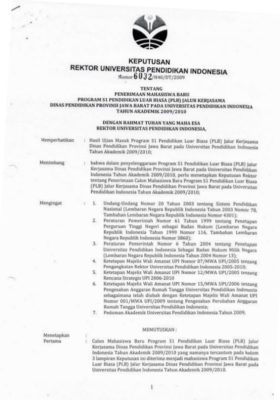 Surat Keputusan Rektor UPI Tentang Penerimaan Mahasiswa Baru Program S1 Pendidikan Luar Biasa (PLB) Jalur Kerjasama Dinas Pendidikan Provinsi Jawa Barat