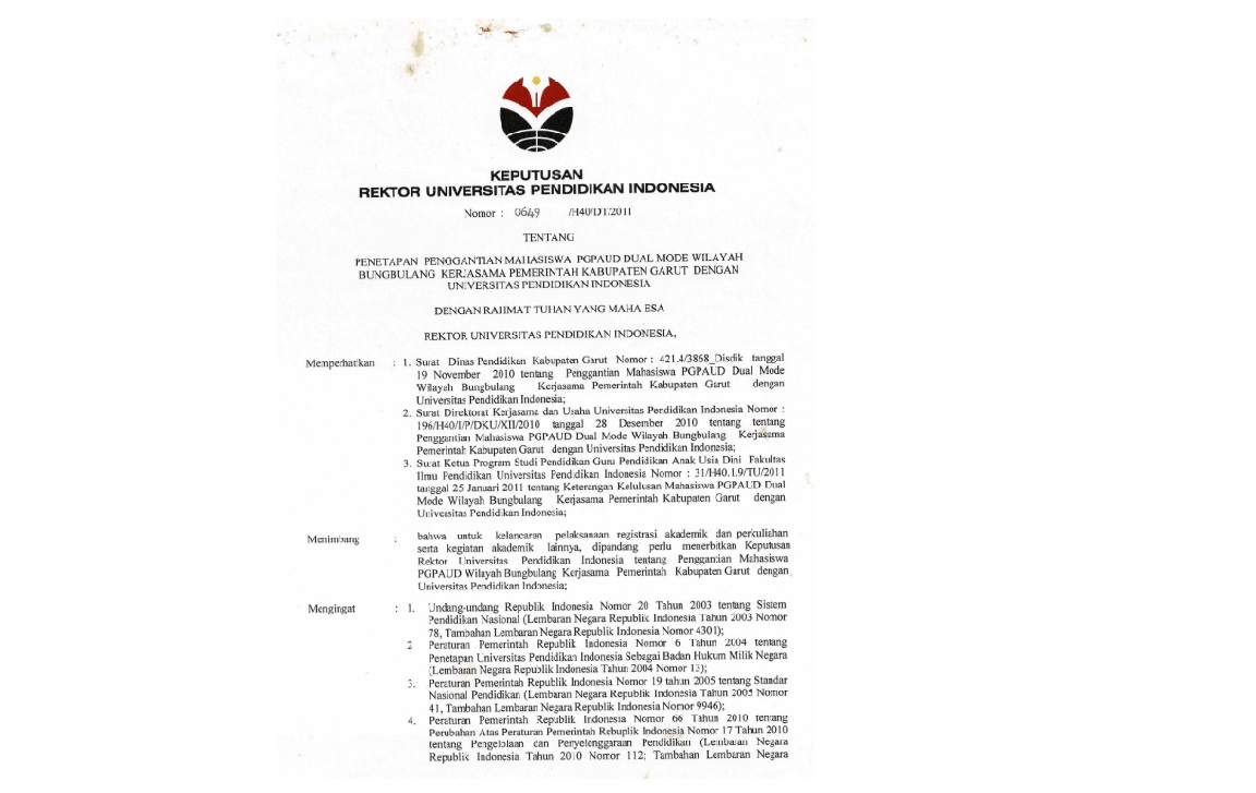 Surat Keputusan Rektor Universitas Pendidikan Indonesia Tentang Penetapan Penggantian Mahasiswa PG PAUD